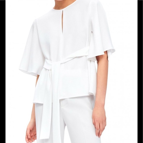 Zara White Keyhole Belted Flutter Sleeve Flowy Blouse with Bow 4043/061 - Picture 2 of 6